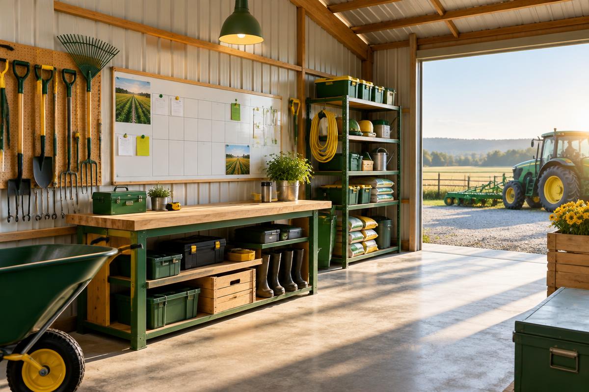 Sunlit Meadowgate farm shed with organized tools and planning board